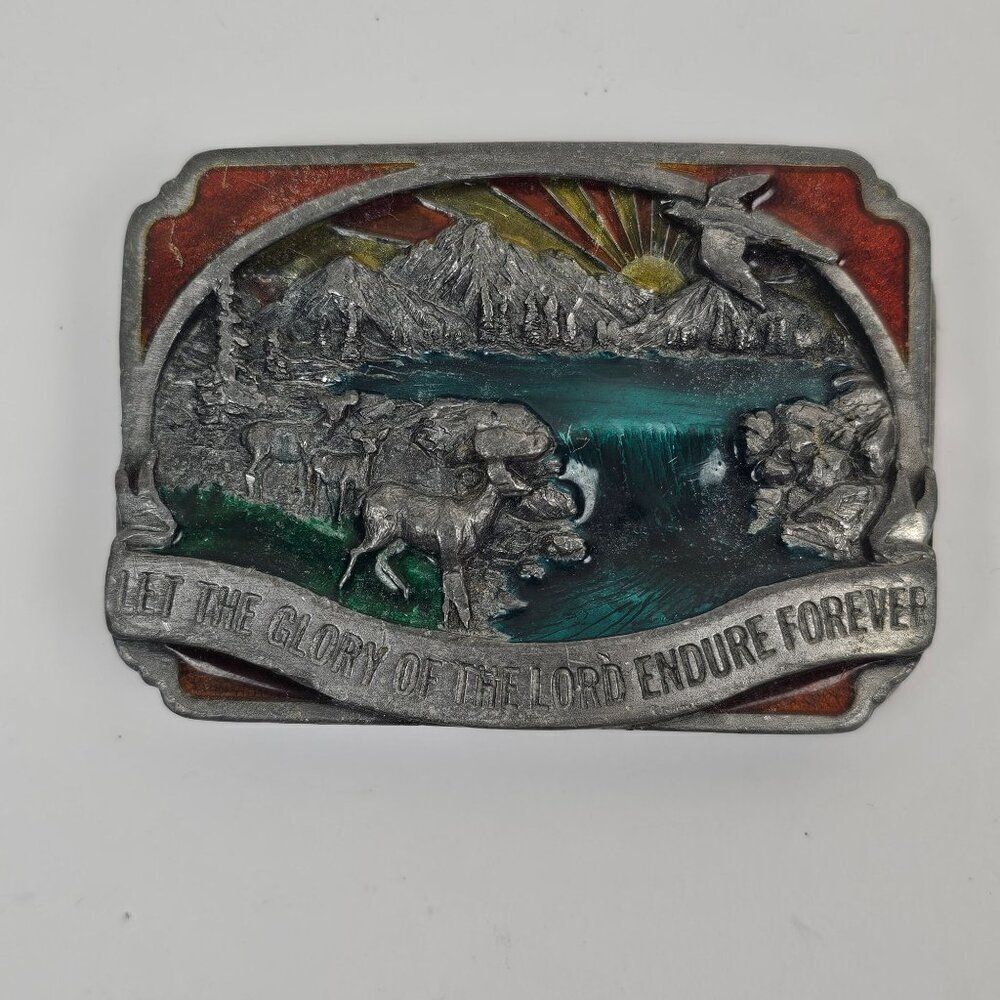 Siskiyou Belt Buckle Religious Enamel Wilderness Outdoor Scene 80s Pewter Vtg